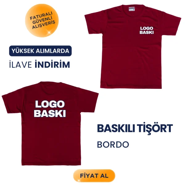 Toptan Baskılı Bordo Promosyon İş Tişörtü