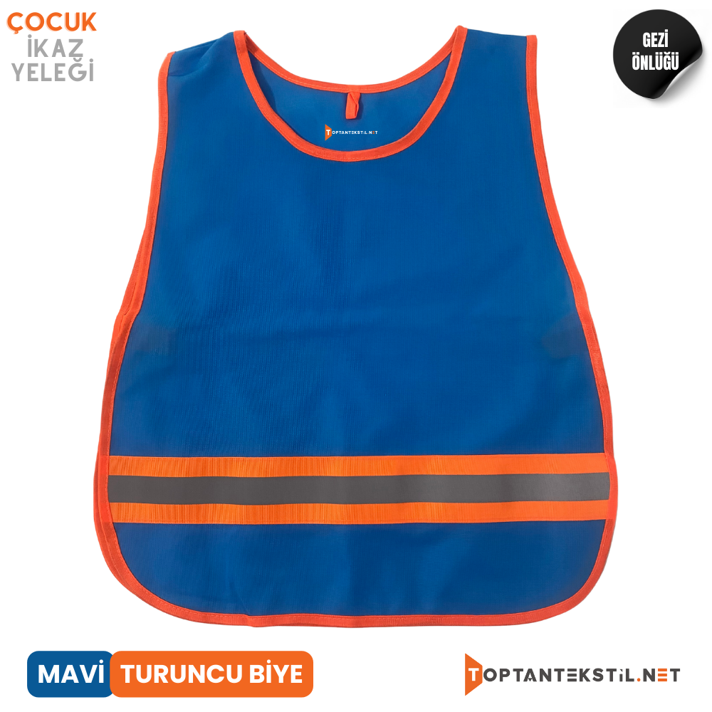 Çocuk Reflektörlü Yelek - Mavi (Turuncu Biye)