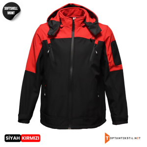 Baskılı Garnili Softshell Mont - Siyah_Kırmızı - Ön Görünüm