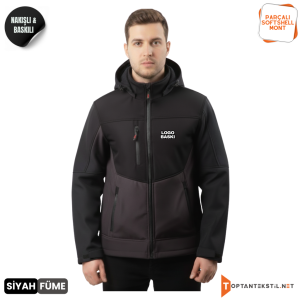 Parçalı Softshell Mont, Baskılı Parçalı Softshell Mont - Siyah_Füme - Ön Görünüm
